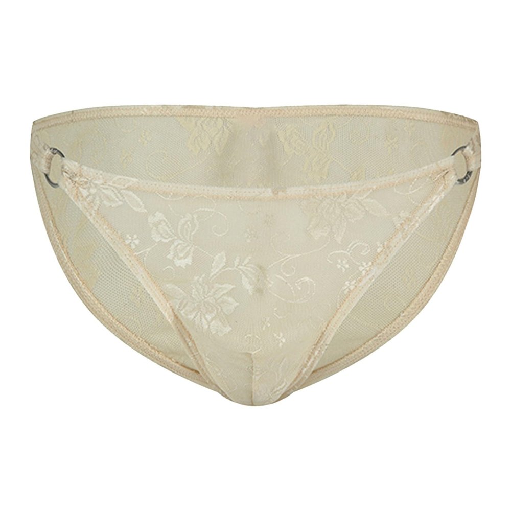 Men's Sexy Sheer Jacquard Lace Bikini Briefs with Bow Buckle, Khaki, XXL