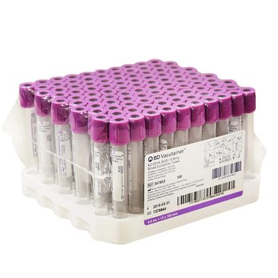 Vacuum Blood Collection Tubes, 6 mL K2EDTA, Glass, Purple Cap, 100-Pack