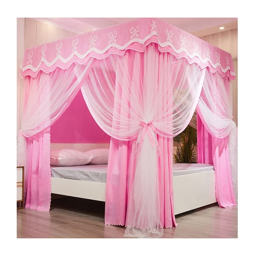 Bed Canopy with 4 Corner Posts, Mosquito Nets, and Summer-Fall-Winter Bed Curtains for Single and Double Beds, Girls’ Bedroom Decor (Green, 150 x 200 x 200 cm; Red, 150 x 200 x 20/Ro)