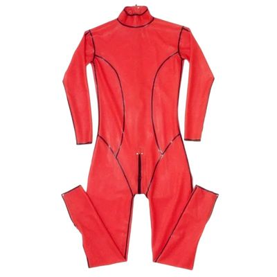 GAYLOP Men's Black and Red Rubber Latex Catsuit, Uniform Bodysuit with Two Short Ankle Zippers, Handmade, L