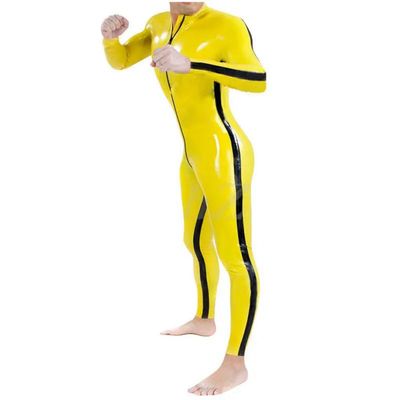 GAYLOP Men's Latex Bodysuit Rubber Catsuit with Side Stripes, Tight-Fit Costume, Plus Size, Handmade, Red and Black, L