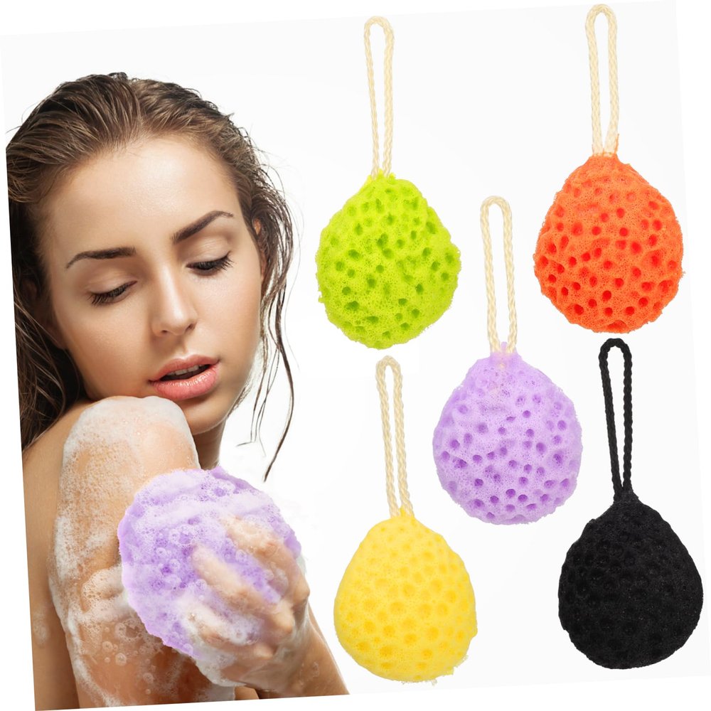 MOLUCKFU 5-Pack Bath Sponges with Exfoliating Function, Quick-Drying Material, and Hanging Loops, Random Colors