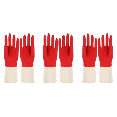 LUNCHS 3 Pairs Cleaning Gloves, Two-Tone Rubber, Red, M