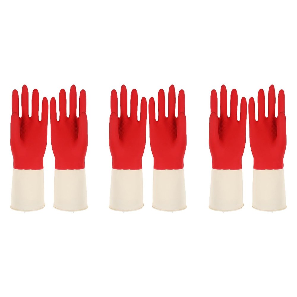 LUNCHS 3 Pairs Cleaning Gloves, Two-Tone Rubber, Red, M