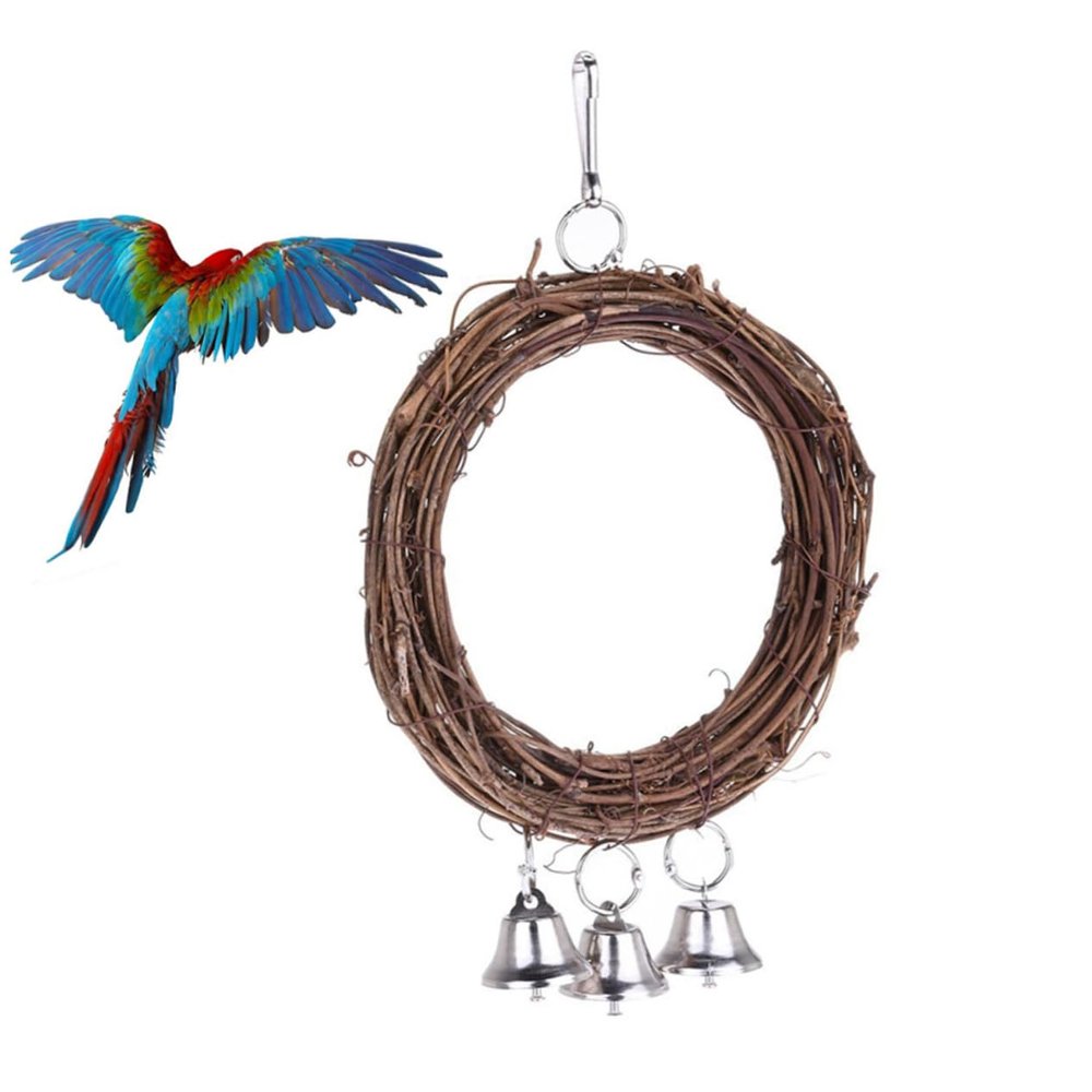 Rattan Freestanding Parrot Swing with Bell and Pendant