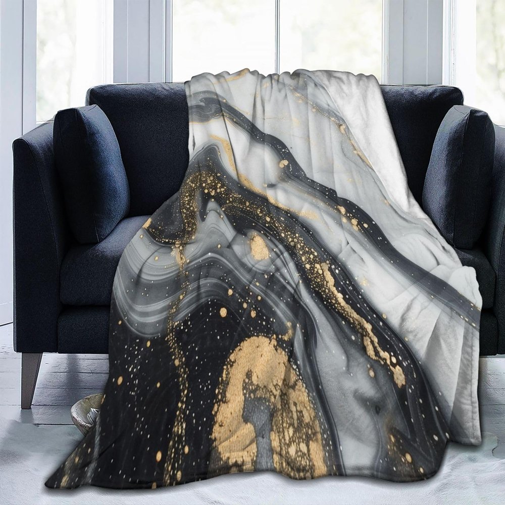 Mexpekil Marble Blanket, Soft, Cozy, Plush Flannel Fleece Blanket for Sofa, Bed, Camping, Travel, 150 x 125 cm, Black/Gray