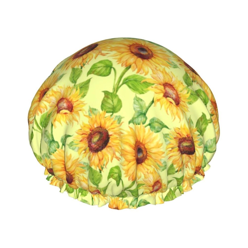 Reusable Women's Shower Cap, Floral and Sunflower Design, Double-Layer Waterproof