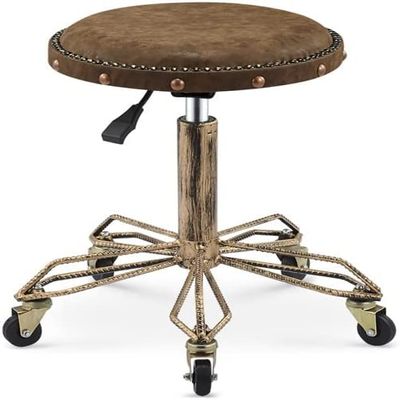 WJFLUCK Round Rolling Stool, Adjustable Swivel Work Stool, Brown