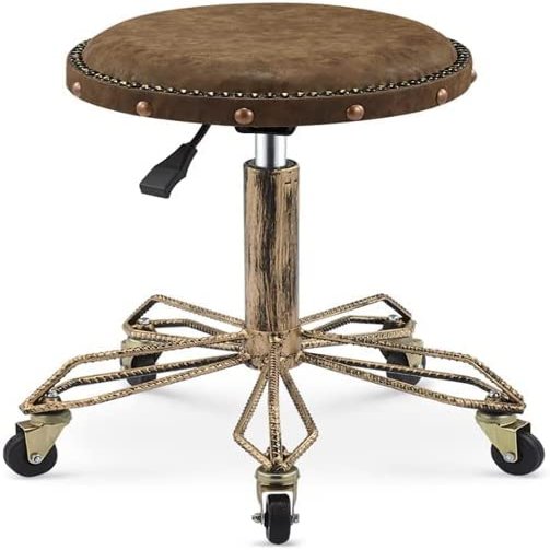 WJFLUCK Round Rolling Stool, Adjustable Swivel Work Stool, Brown