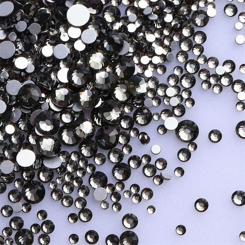 JKDSAO 1,440-Piece Glass Rhinestones, Assorted Sizes, Flat-Back, Round AB Rhinestones for DIY Nail Art, Black Diamond