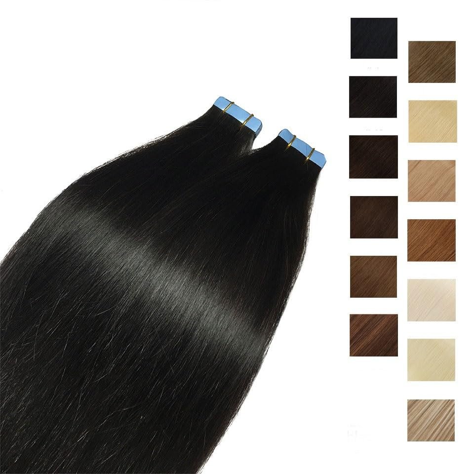 Tape-In Human Hair Extensions for Women, Straight Brazilian Remy Hair, Skin Weft, Black-Brown, 1#, 20 Pieces, 22 in