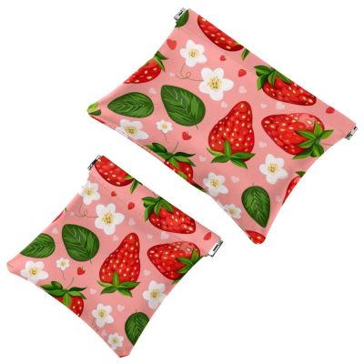 Small Cosmetic Bag with Kiss-Lock Closure, Travel Makeup Bag for Wallet, Zipper-Free, Self-Closing, Mini Makeup Bag for Women and Girls, Strawberry with Green Leaves and
