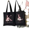 Personalized Linen Tote Bag with Name, Women's Shoulder Bag, Pink Flower Letter Handbag, Casual Large-Capacity Reusable Shopping Tote view 2