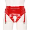 FEESHOW Women's Wetlook Open-Crotch Thong Panty, High-Waisted, 4 Garters, Red, XL view 4