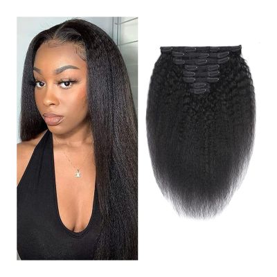Women's 12–26 in. Tangled Straight Clip-Ins for Black Women, Double-Drawn Remy Human Hair, Full Head, Natural Black, 18 Clips with 8-Piece Messy Hair Bun (2