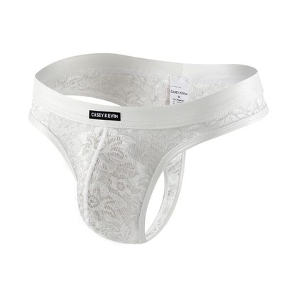 Casey Kevin Men's Lace Thong with Transparent Mesh and PU Leather Waistband