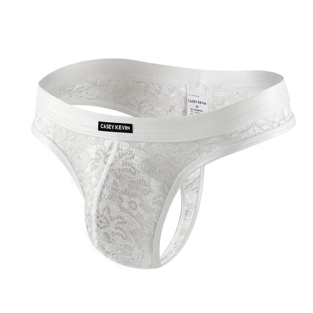 Casey Kevin Men's Lace Thong with Transparent Mesh and PU Leather Waistband