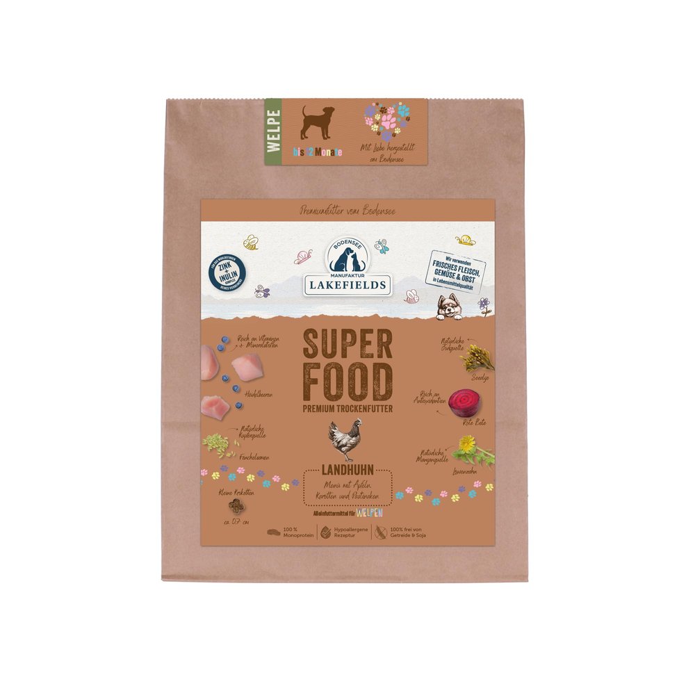 Lakefields SUPERFOOD Premium Grain-Free Dry Puppy Food, 61% Chicken, 4 x 1 kg