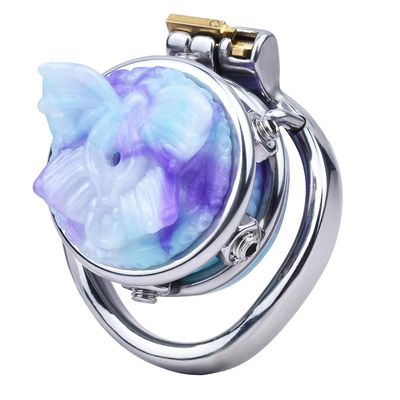 Lmgoc Flat Stainless Steel Chastity Cage Set with Simulated Labia, Blue, 55 mm Arc Ring