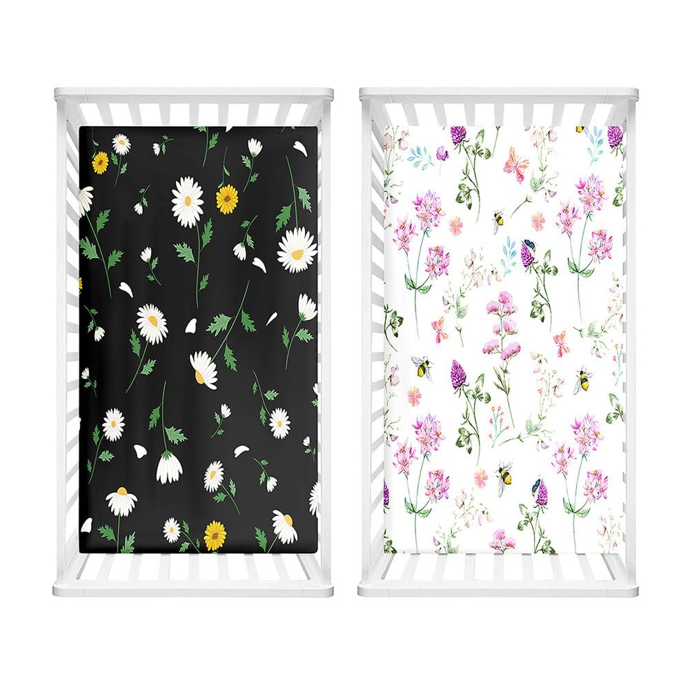 Hiseng 2-Pack Baby Fitted Sheets for Oval & Rectangular Mattresses, Soft Microfiber, 40 x 80 cm, Flower 8