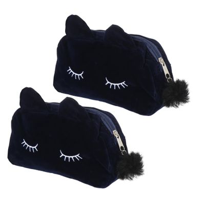 2-Piece Flocked Cat Cosmetic Bag, Navy Blue