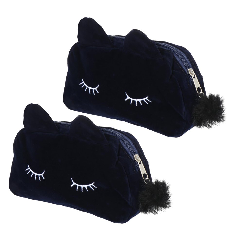 2-Piece Flocked Cat Cosmetic Bag, Navy Blue