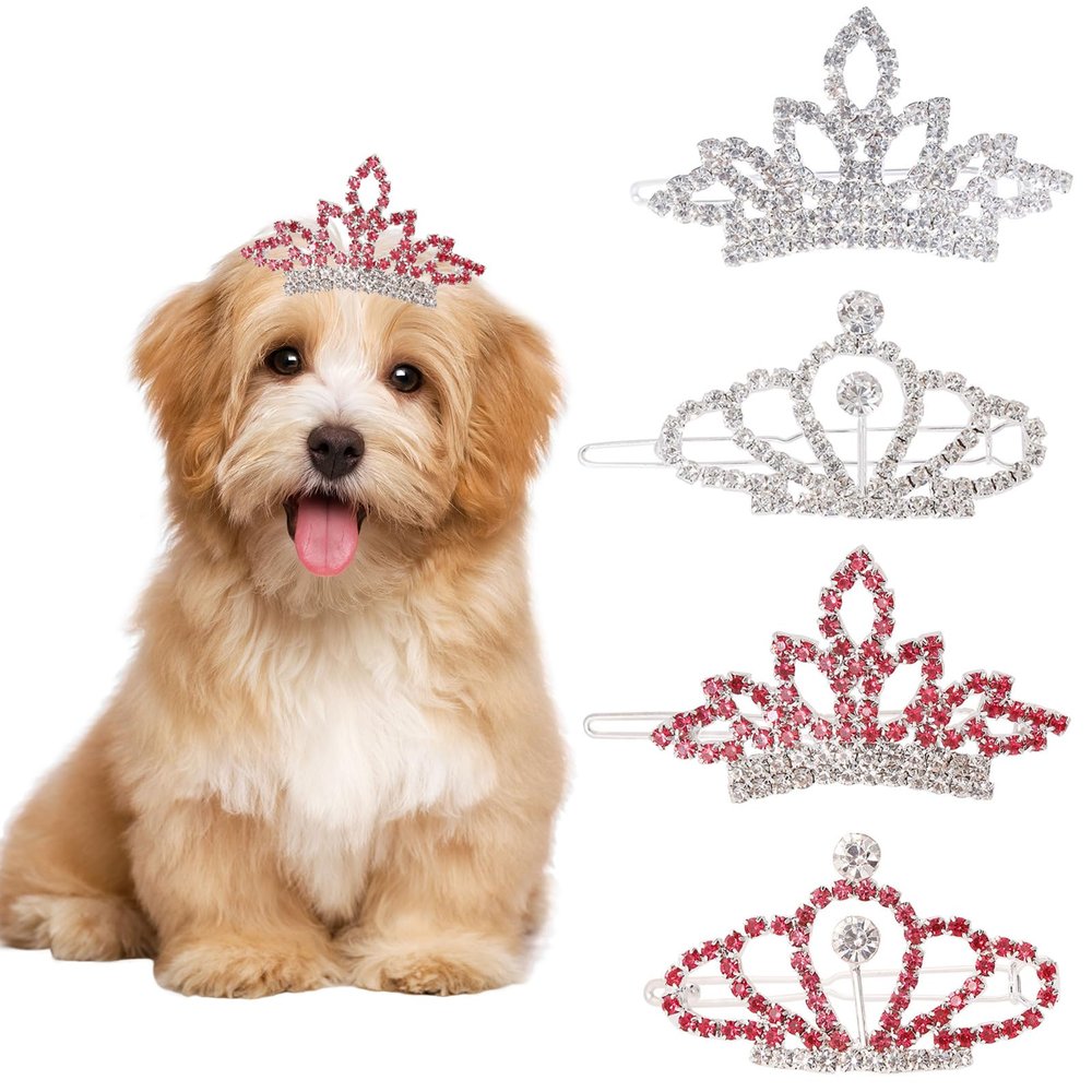 GLOBLELAND 4-Pack Pet Rhinestone Crown Hair Clips