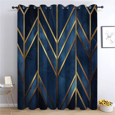 CozyRest Blackout Curtains with Golden Lines and Dark Blue Geometric Pattern, 2-Piece Set, 215 x 110 cm