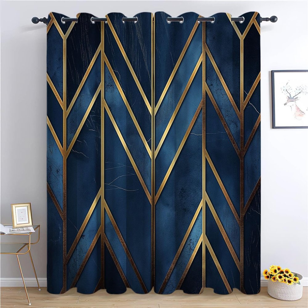 CozyRest Blackout Curtains with Golden Lines and Dark Blue Geometric Pattern, 2-Piece Set, 215 x 110 cm