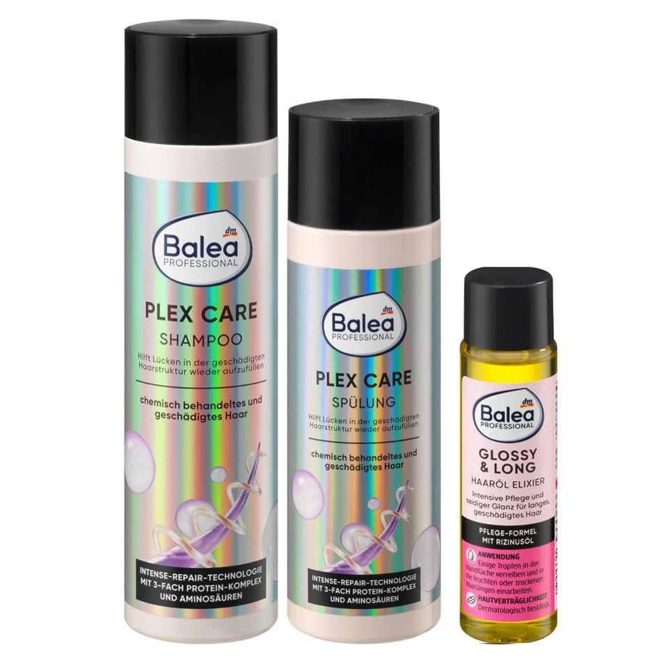 Balea Professional 3-Piece Hair Care Set for Damaged Hair: PLEX CARE Shampoo, Conditioner & GLOSSY LONG Hair Oil Elixir, 470 ml