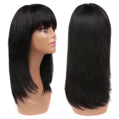 Women's Straight Human Hair Wig with Bangs, S-Cut, 100% Bangs Wig, Natural Synthetic Hair Wig (Color: A2, Size: 12 Inches)