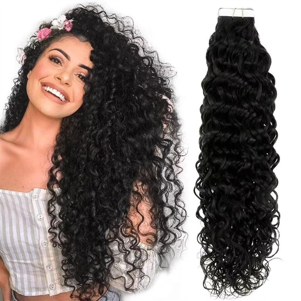 Deep Wave Remy Human Hair Tape-In Extensions #1B, 20 Pieces, 18 Inches