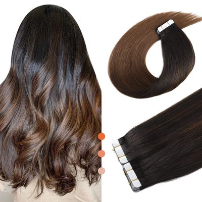 XXAD553TY Remy Human Hair Tape-In Extensions, Black to Brown Balayage Ombre, 22 in