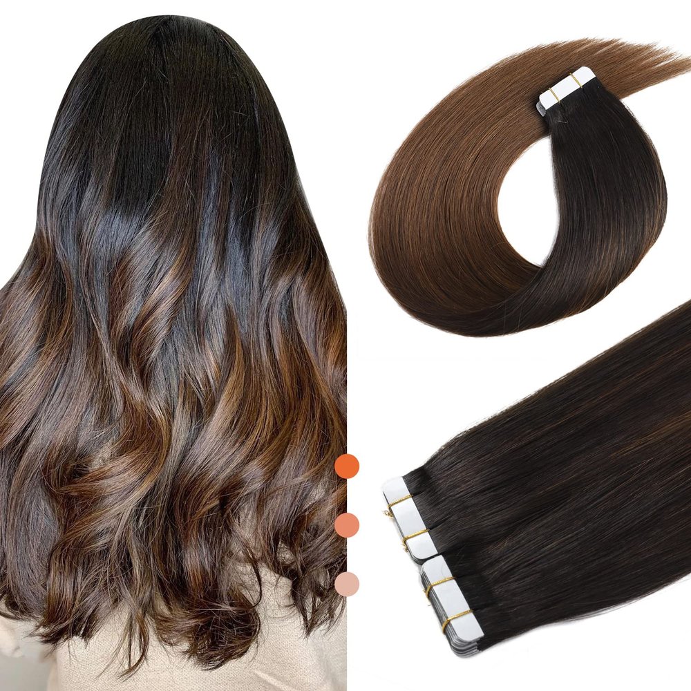 XXAD553TY Remy Human Hair Tape-In Extensions, Black to Brown Balayage Ombre, 22 in