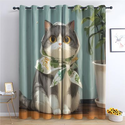 Cat Window Curtains - Cute Funny Pet Design, Blackout Thermal Curtains, 2-Piece Set, H 175 x W 140 cm, U-#226