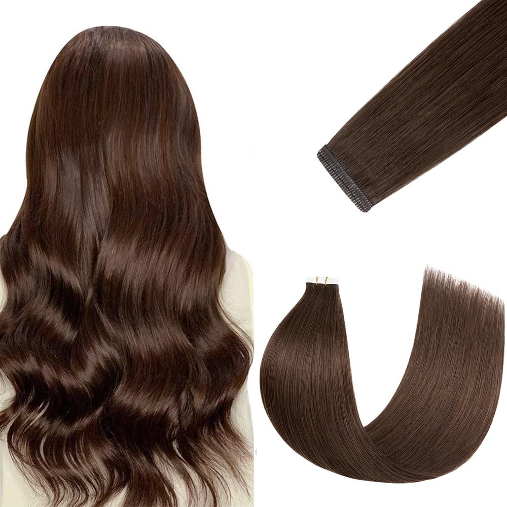 FUOTONBUTY Human Hair Tape-In Extensions, Double-Stitched, Seamless, Medium Brown, 35.6 cm, 50 g, 20 Pieces