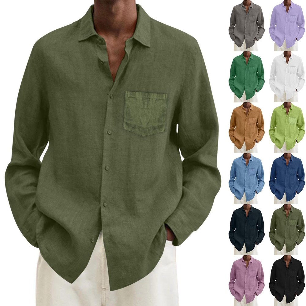 Duohropke Men's Long-Sleeve Linen-Cotton Shirt, Oversized Casual Summer Shirt