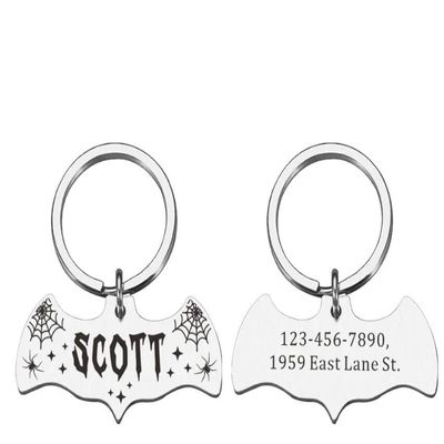 Personalized Pet ID Tag with Halloween Bat Engraving, Silver