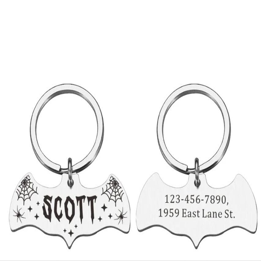 Personalized Pet ID Tag with Halloween Bat Engraving, Silver