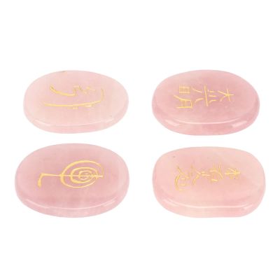 4 Natural Rune Stones with Engraved Reiki Symbols, Flat Oval Meditation Stones with Storage Pouch (Rose Quartz)