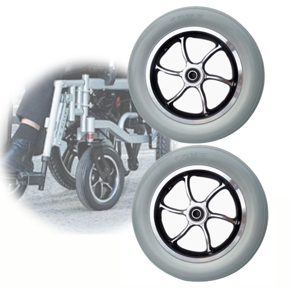 BEEGMA 2-Piece Electric Wheelchair Replacement Front Wheels, Aluminum Alloy Hub, 25 x 5 cm, Anti-Slip Solid Tires, Gray