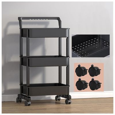 Rolling Storage Cart, 3-Tier Mobile Bookshelf with Wheels, Multifunctional Basket Shelf, Black