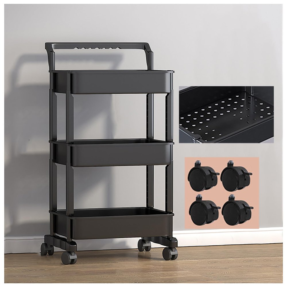 Rolling Storage Cart, 3-Tier Mobile Bookshelf with Wheels, Multifunctional Basket Shelf, Black