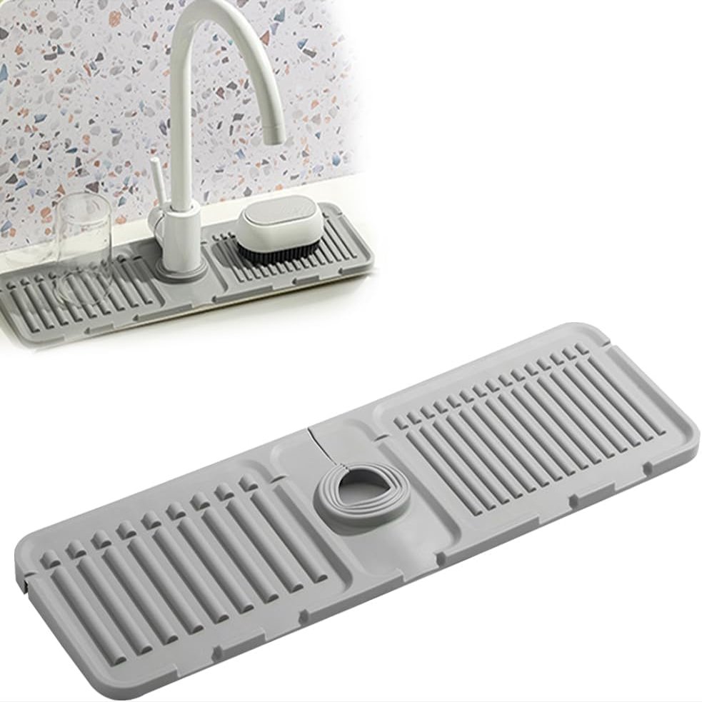 Faucet Guard Drain Mat 2024, Silicone Sink Drain Tray, Gray