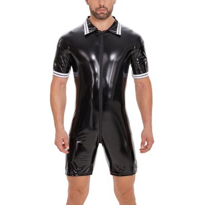 Generic Black 4XL Men's Sexy PVC Underwear with Zipper, One-Piece Shorts