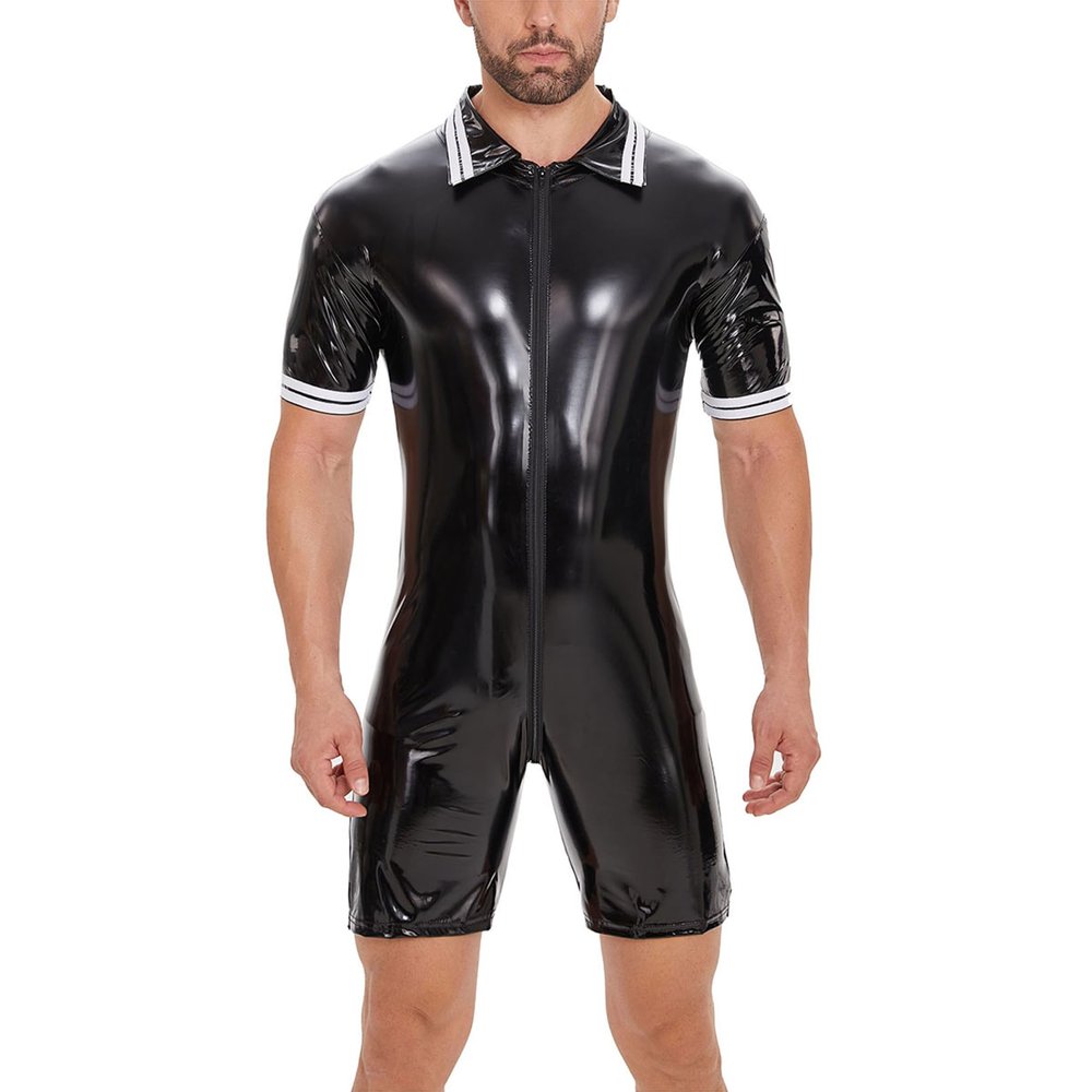Generic Black 4XL Men's Sexy PVC Underwear with Zipper, One-Piece Shorts