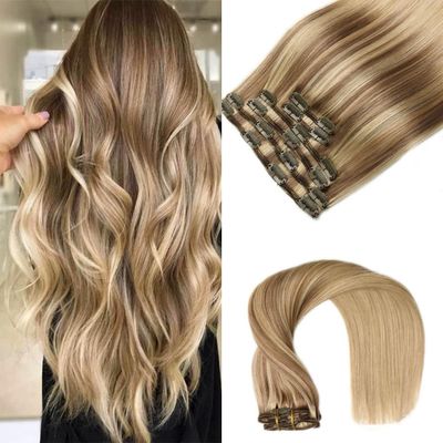 VINBAO Clip-In Human Hair Extensions, Balayage Ash Brown to Caramel Blonde, Straight, Thick, 14 in, 100 g, 6 Pieces (#10/16/16, 35 cm)