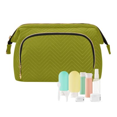 Quilted Cosmetic Bag with 9-Piece Set, Orange/Olive, "Leaf It to Me"
