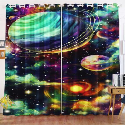 Fadaing Space Universe Planet Blackout Curtains, Starry Sky Design for Kids and Teens (2,100 x 140 cm W x H / 50 x 140 cm x 2)