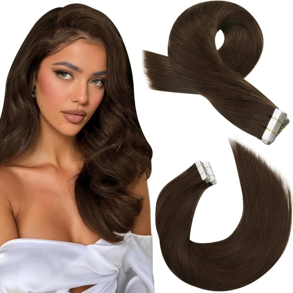 Moresoo Brown Remy Human Hair Tape Extensions, 16 in, Straight, Invisible, 20 pcs